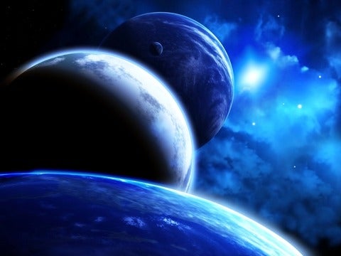 A beautiful space scene with parade of planets and nebula. 