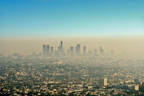 A smoggy view of the Los Angeles skyline