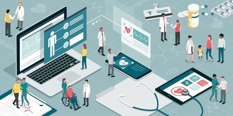 illustration of health practioners caring for patients overlayed on top of a laptop and tablets