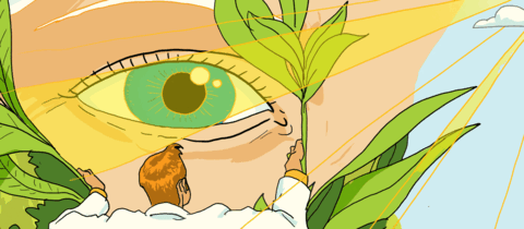 illustration of a tiny researcher moving branches aside to inspect a patient's eye
