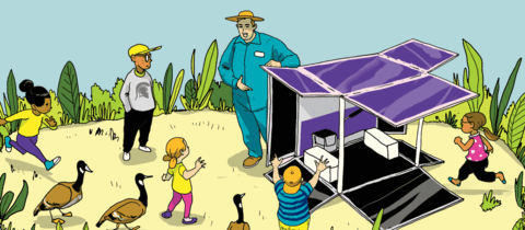 illustration of a teacher standing beside the Makercube, teaching a group of children and geese