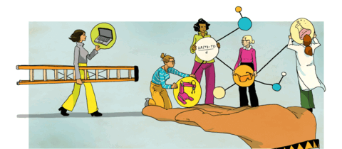 illustration of young women, standing on a hand and working on STEM projects