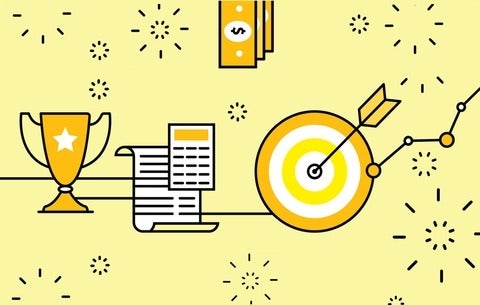 Graphic with a trophy, calculator, and a bullseye