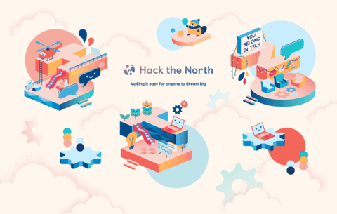 An illustration featuring the hack the north logo