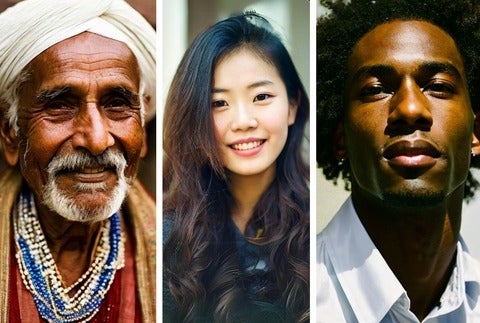 AI-generated images of an Indian man, an Asian woman and a Black man. 
