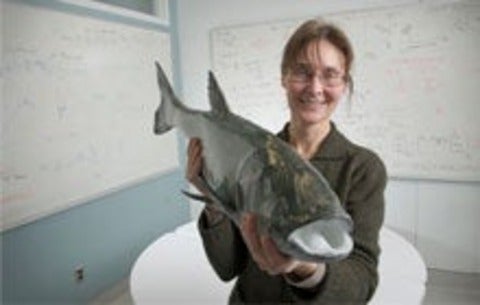 Kim  Cuddington holds an Asian carp