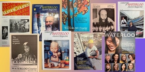 A collage of old Waterloo Magazine covers