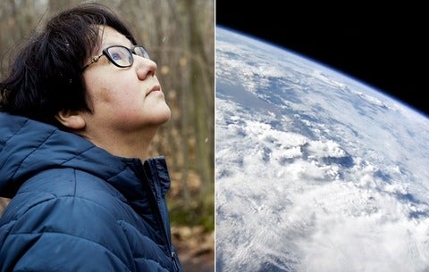 Two images photoshopped together of Melanie Goodchild and the earth from space