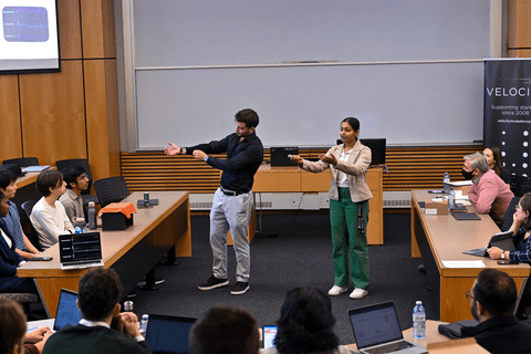 Two participants in Velocity's AgeTech challenge describe their product to judges