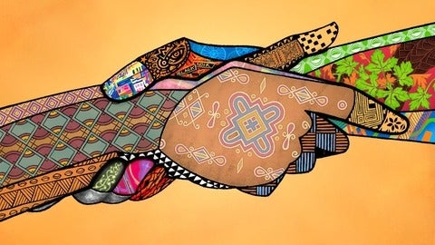 An illustration in the style of some African art, of two hands grasping each other