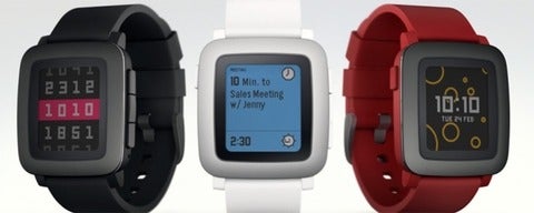 A black, white, and red Pebble Smart Watch