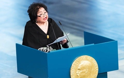 Setsuko Thurlow speaking at mic