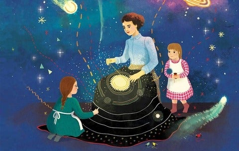 Illustration of a mother working on a quilt in her lap while two chilren look on