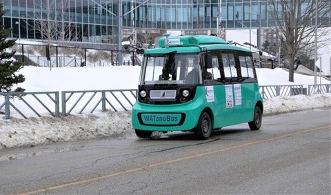 WATonoBus, a self-driving shuttle, during testing at the University of Waterloo.