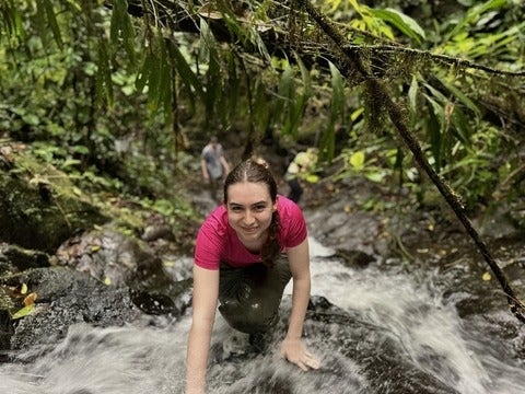 Sydney climbing up a waterfall in a rainforest. 