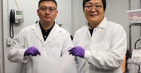 Dr. Youchao Teng (left) and Dr. Yimin Wu display some of the new gel material they developed to help heal soft-tissue injuries.