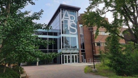 Hagey Hall displaying the Arts lettering in glass