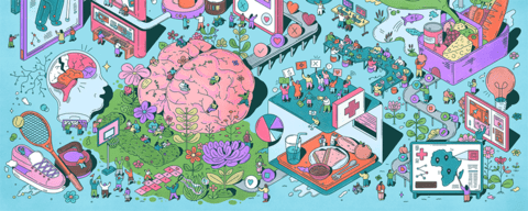 Illustration on 3D with visual elements representing six research impact areas