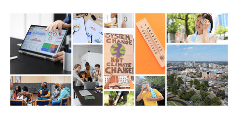 Collage showing images of climate, people and cities