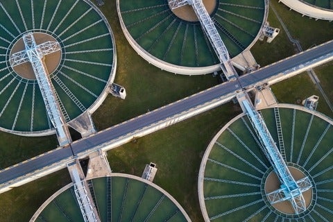 Overhead view of a waster water treatment plant.