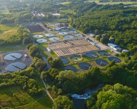 Aerial view of a water treatment plant.