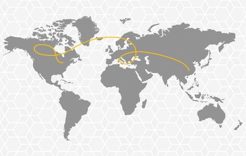 Global map with a golden thread connecting Waterloo and Wuhan