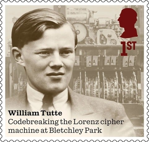 Stamp of William Tutte in front of code machine