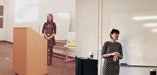 Tiana as a student as a student at a conference (left image) and presenting to a class (right image).
