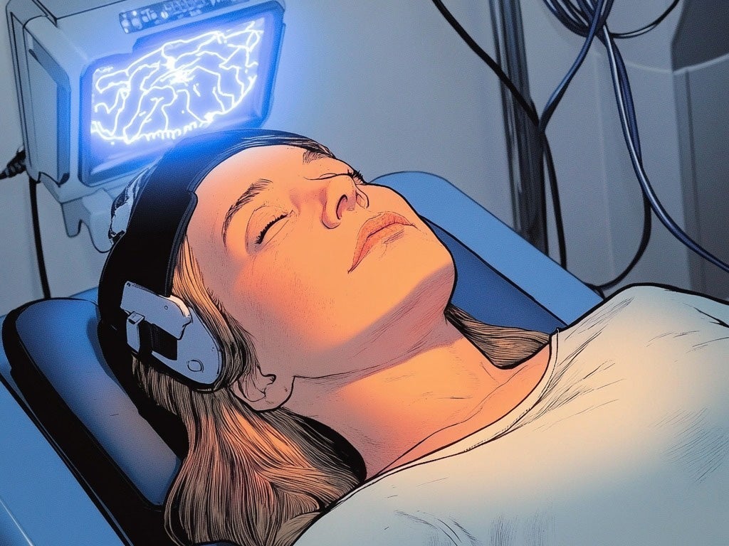 a comic book rendering of a woman getting transcranial stimulation therapy