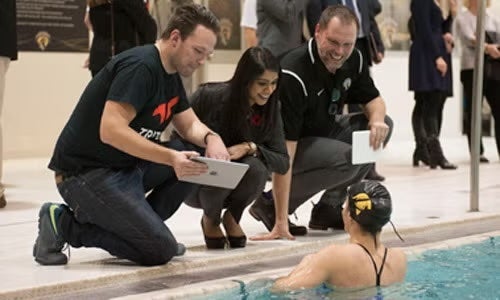 TritonWear co-founder and CEO Tristan Lehari, Minister of Small Business and Tourism Bardish Chagger, and Warrior Head Coach Jef