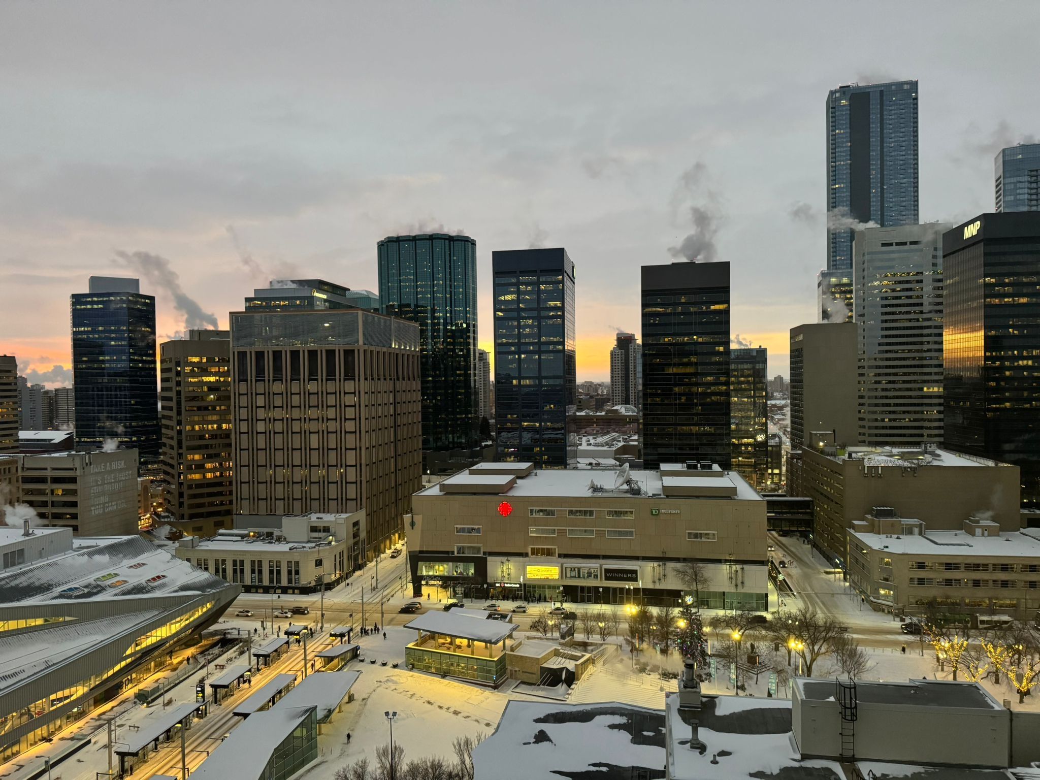 Sunrise view of downtown Edmonton during the winter 