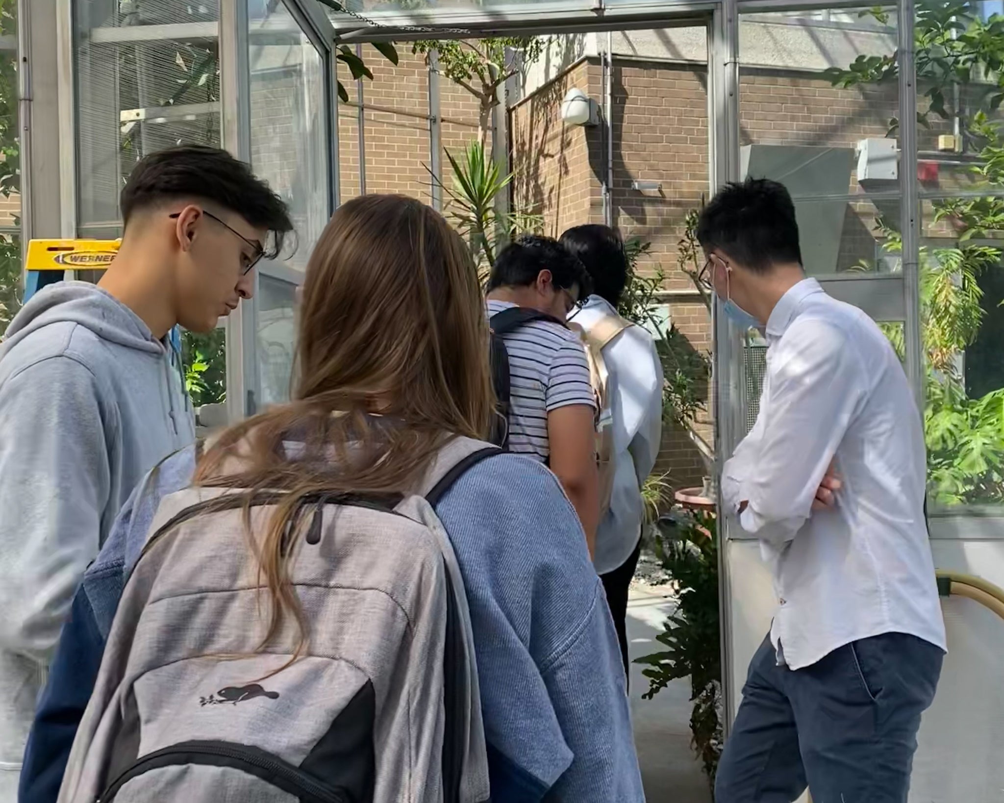 Participants in the Real Research program are seen walking through the green house on campus