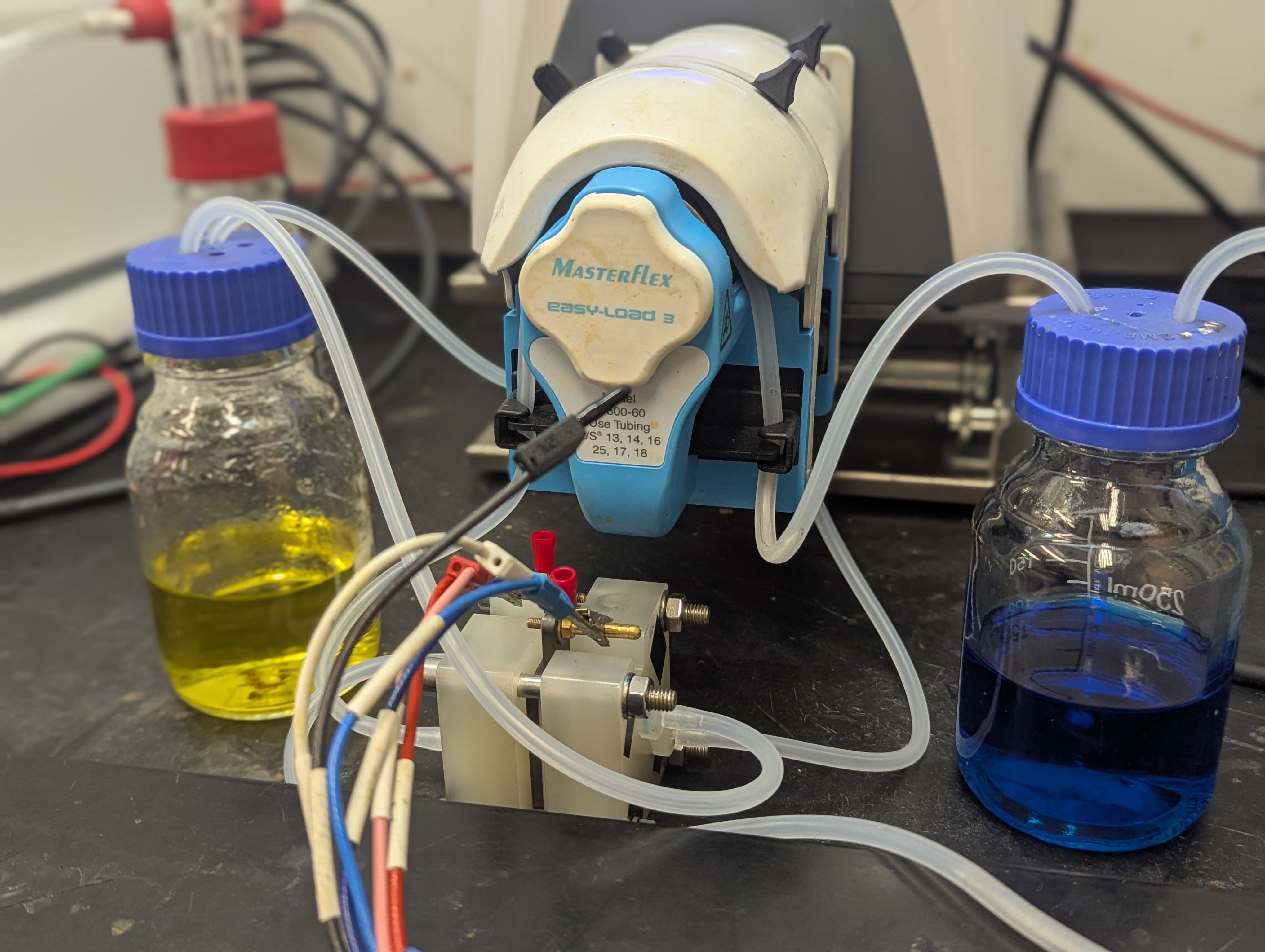 The redox flow battery setup consists of a reactor connected to two beakers that serve as electrolyte tanks, with tubing running through a pump to circulate the liquid electrolytes through the battery. The redox flow battery is connected to a potentiostat, which collects and records the energy generated by the battery.