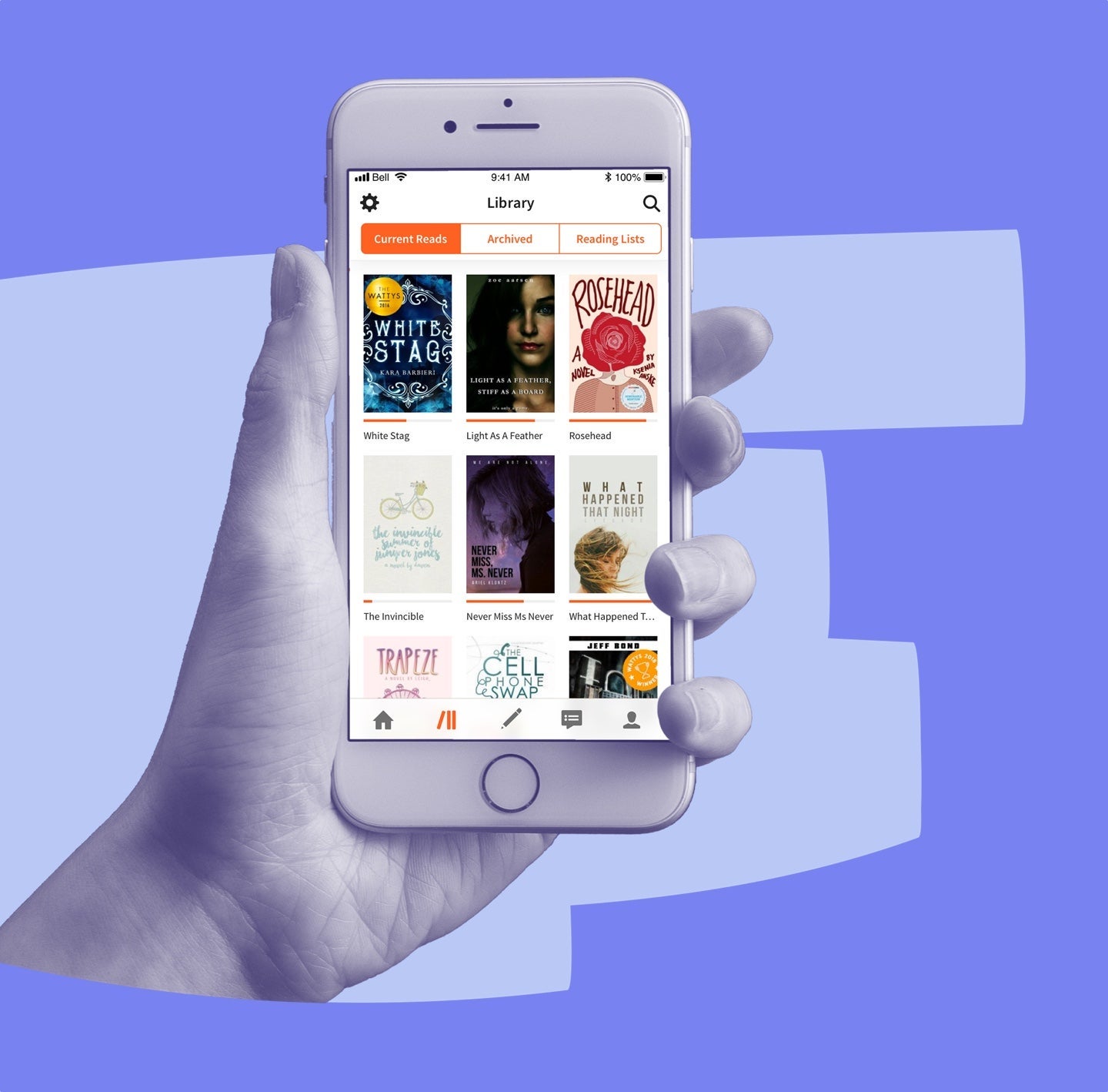 Image of a hand holding a phone with the Wattpadd Library stie open on it