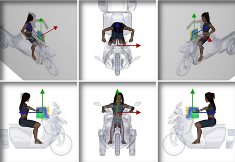 Avatar riding a scooter with a heat map indicated the optimal handle bar locations based on reach.