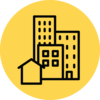 House and building icon on a yellow circle