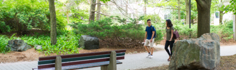 two students walking a paved path surrounded by greenery