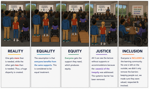 panel illustration of 'reality', 'equality', 'equity', 'justice', 'inclusion'