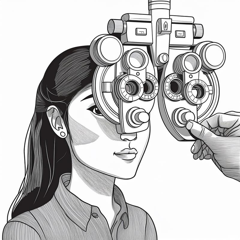 a woman looking through a phoropter