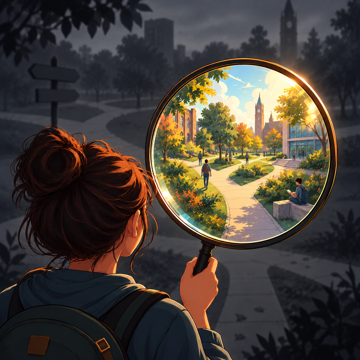 Student looking through magnifying glass