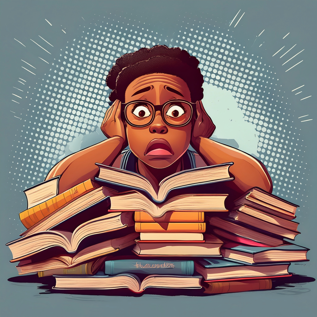 Student looking stressed over a pile of books
