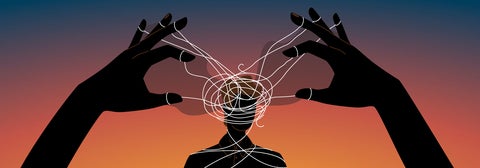 Manipulator concept vector illustration. Puppet master hands manipulate man mind, silhouette. Domination exploitation background. Mental control ropes.