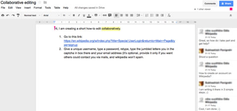 A Google Docs word processor document with an open chat sidebar for users to work together.