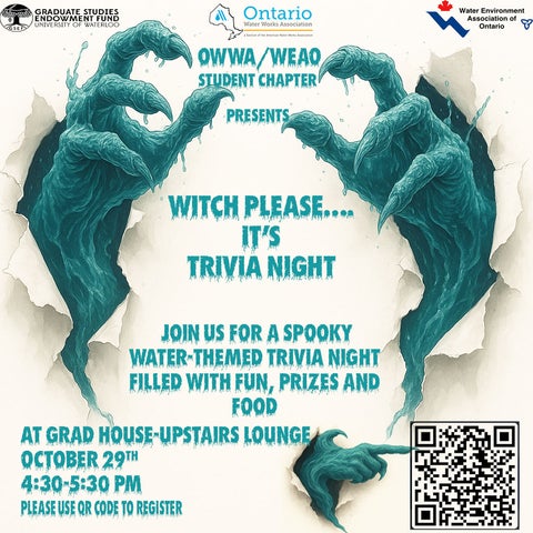 The poster is for a Halloween-themed trivia night. It features spooky blue-green monster hands tearing through a wall. The hands look watery and ghostly. The event is called "Witch Please… It’s Trivia Night."