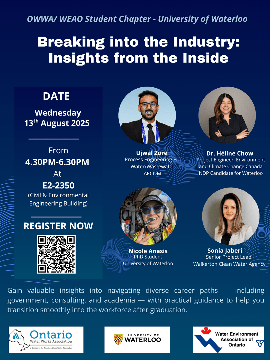 Poster with information about the career centered panel event and information related to 4 panelists including images 