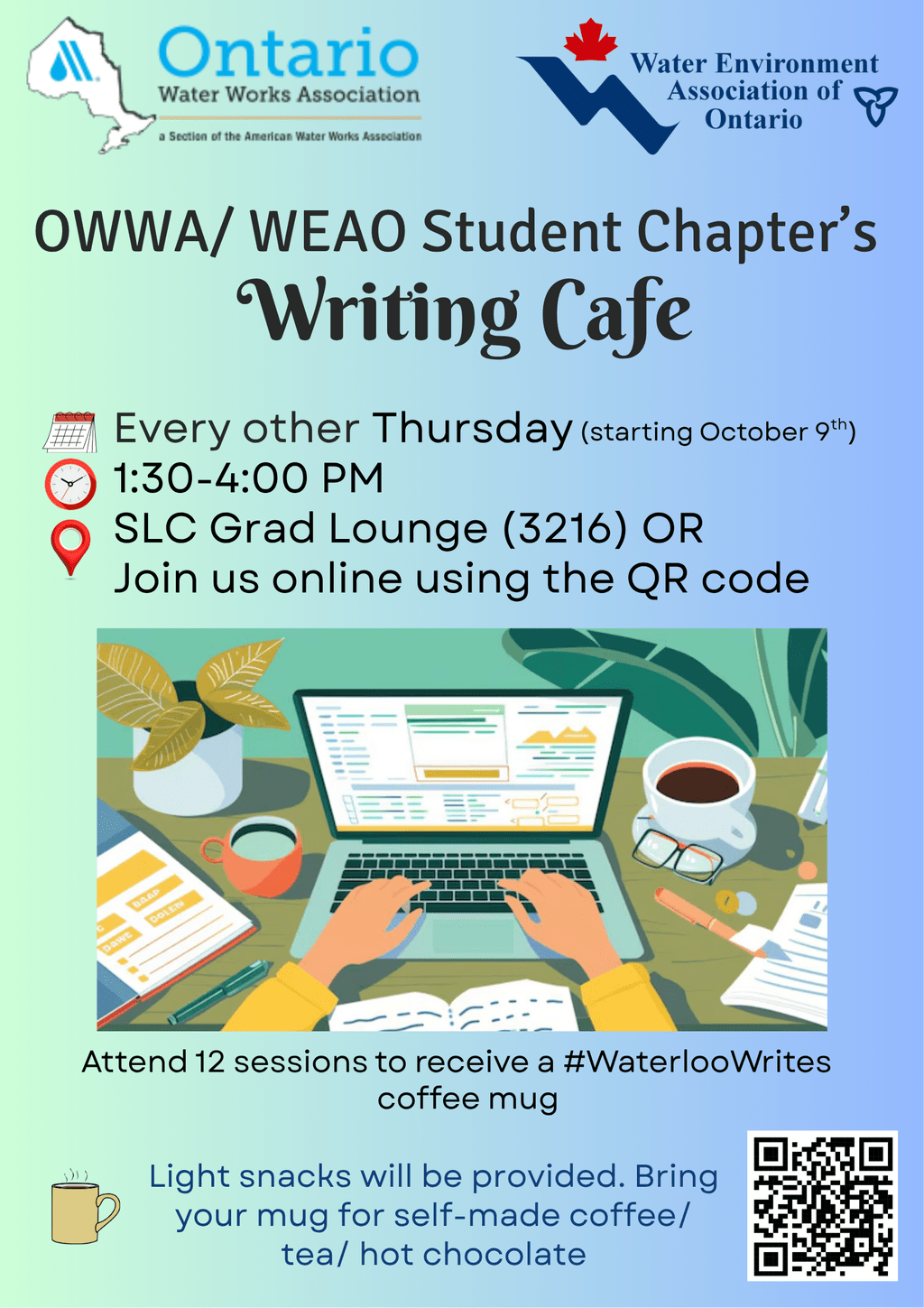 Poster describing details of the writing cafe; includes the location, time, and date with an image of someone writing at the desk