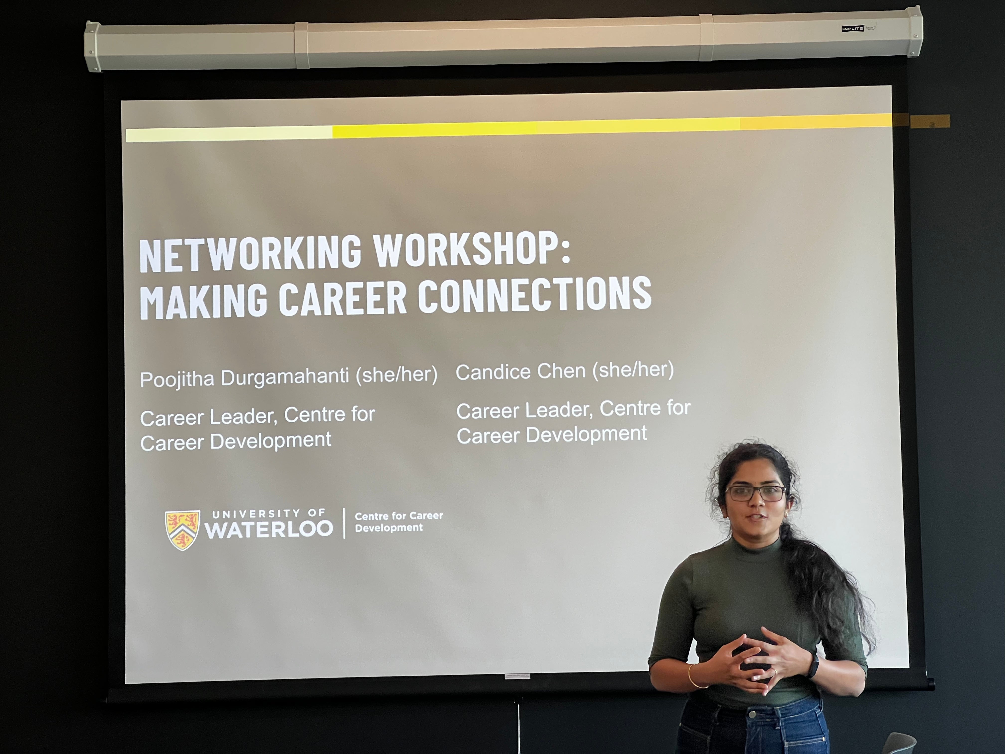 Networking workshop: making career connections being presented by a girl (Kirti)