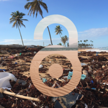 Open access symbol (open lock) semi-transparent in front of a garbage filled beach. 