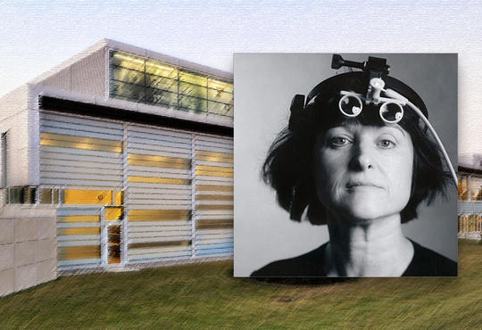 Image of Barbara Caffery overlaid on an image of the School of Optometry & Vision Science