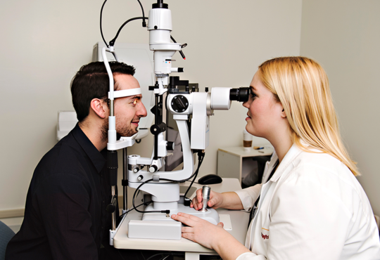 A young blond woman in a clinic coat examines a man’s eyes using a slit lamp.